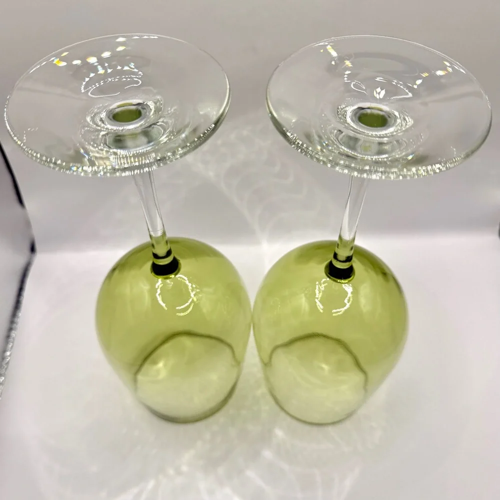 Pier 1 Pantiago Clear Stem Moss Glassware Set of 2 Olive Green Wine Goblets